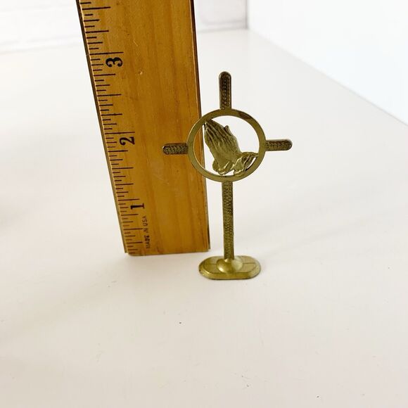 Vintage Brass Prayer Hands Cross Statuette Figure 3 Inch - Picture 5 of 5